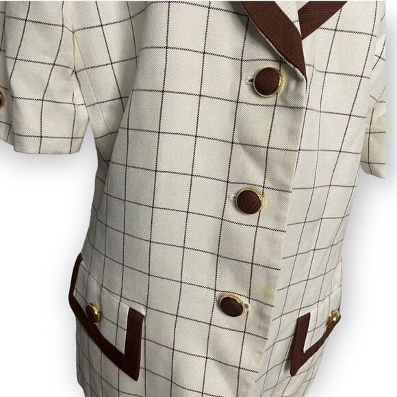 Vintage Kasper  ASL Womens Brown Cream Blazer Blouse Size Large Grid Print Top - Picture 10 of 11